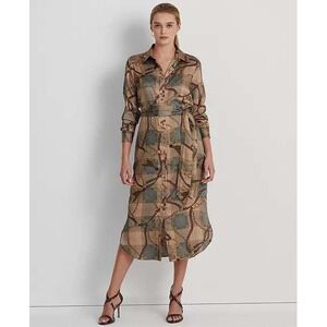 LAUREN Ralph Lauren Shirt Dress 6P Tan Plaid Chain Print Belted Midi Equestrian